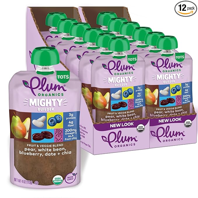 Plum Organics - +12 Months Organic Baby Food - Pear, White Bean, Blueberry, Date & Chia - Non-GMO - On-The-Go Pouches for Baby & Toddler Meals - Quality Tested Ingredients - 4 oz (Pack Of 12)