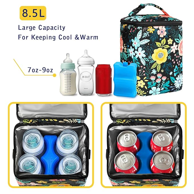 Breastmilk Cooler Bag with Ice Pack Fits 4 Baby Bottles Up To 9 Ounce Insulated Baby Bottle Bag Breast Milk Cooler on the Go with Strap Cooler Bag for Nursing Mom Daycare or Travel