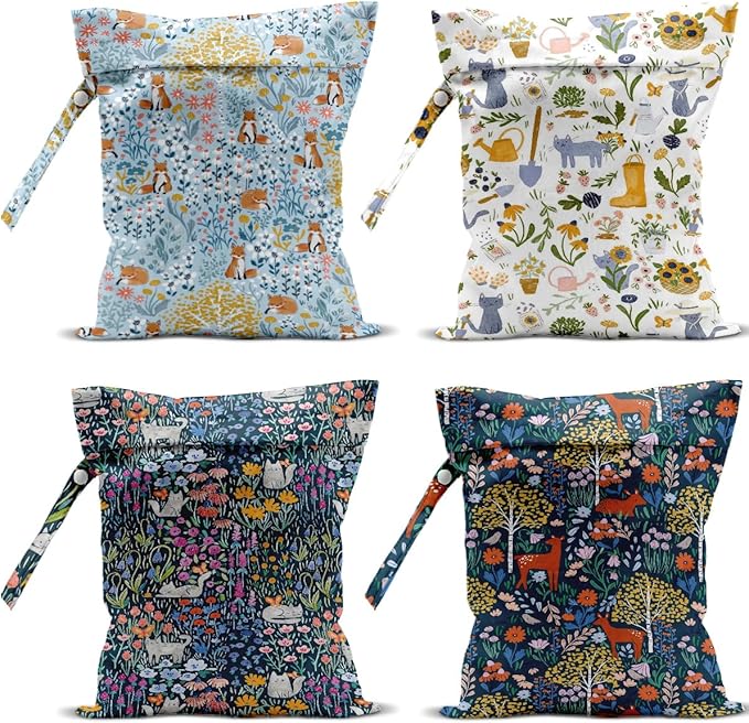 4 Pack Cute Wet Bag Waterproof Washable Reusable Wet Dry Bag for Swimsuit Dirty Clothes Diaper Travel Beach Pool Birthday Camping Toiletries Beach Essentials，Botanical Gardening Forest Fox Cat Deer