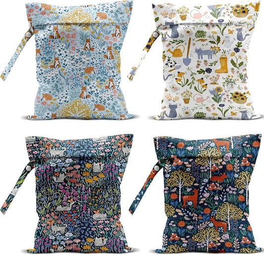 4 Pack Cute Wet Bag Waterproof Washable Reusable Wet Dry Bag for Swimsuit Dirty Clothes Diaper Travel Beach Pool Birthday Camping Toiletries Beach Essentials，Botanical Gardening Forest Fox Cat Deer