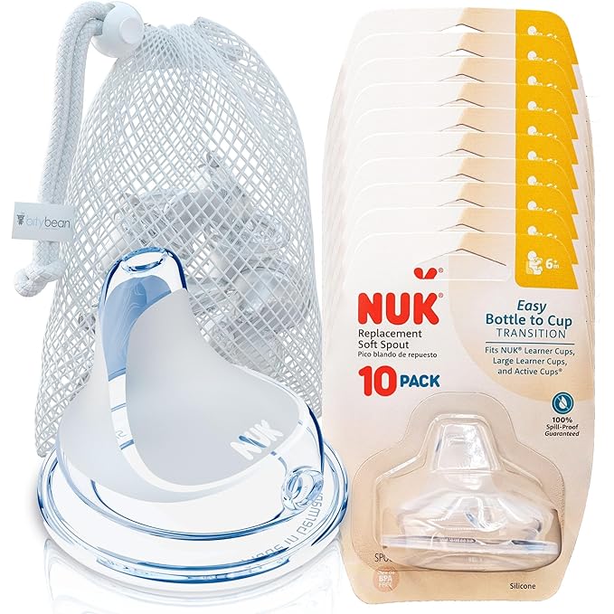 BityBean - NUK Nipple Replacement Spouts, Clear Silicone, Pack of 10 with Dishwasher Safe Mesh Bag - Fits NUK Bottle (10)