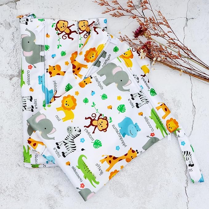 3pcs Cloth Diaper Wet Dry Bags Waterproof Reusable with Two Zippered Pockets Travel Beach Pool Daycare Soiled Baby Items Yoga Gym Bag for Swimsuits or Wet Clothes (3036-3-monkey)