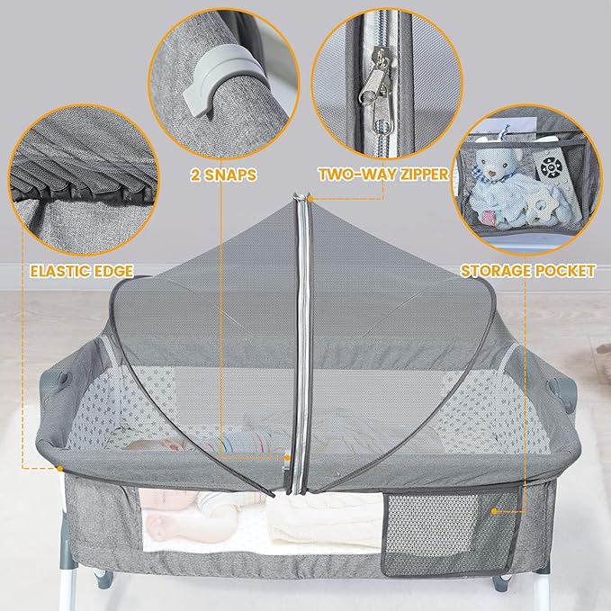 Orzbow Bassinet Cover for Cats - Breathable Mosquito Net Cover for Bassinets/Travel Cribs/Mini Cribs, Baby Mosquito Net to Keep Pets Out, with Two-Way Self-Locking Zippers and Storage Bag, Grey