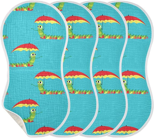 Caterpillar Hold Umbrella Pattern Muslin Burp Cloths for Baby 4 Pack 100% Cotton Baby Washcloths Bibs for Boy Girl