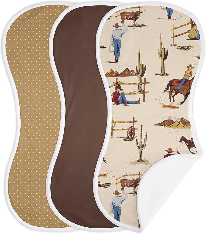 Sweet Jojo Designs Western Cowboy Baby Boy Absorbent Burp Cloths for Infant Newborn - Red Blue Tan Chocolate Brown and White Wild West Southern Country Horse - 3 Pack Set of Dribble Drool Cloths