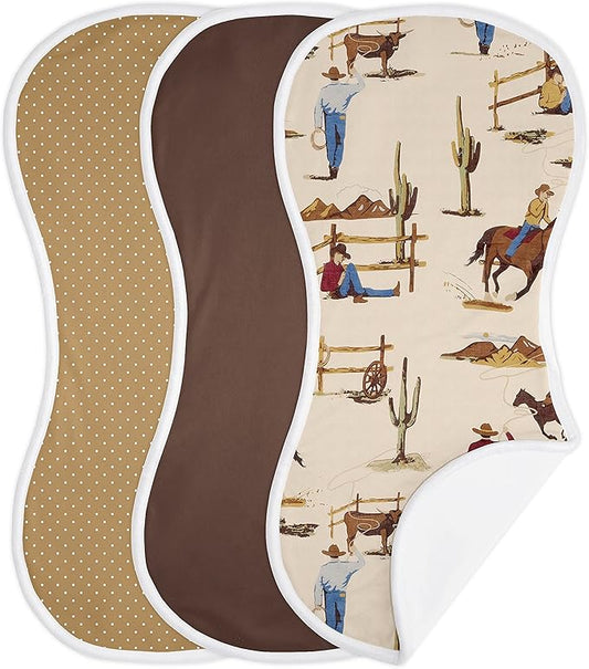 Sweet Jojo Designs Western Cowboy Baby Boy Absorbent Burp Cloths for Infant Newborn - Red Blue Tan Chocolate Brown and White Wild West Southern Country Horse - 3 Pack Set of Dribble Drool Cloths