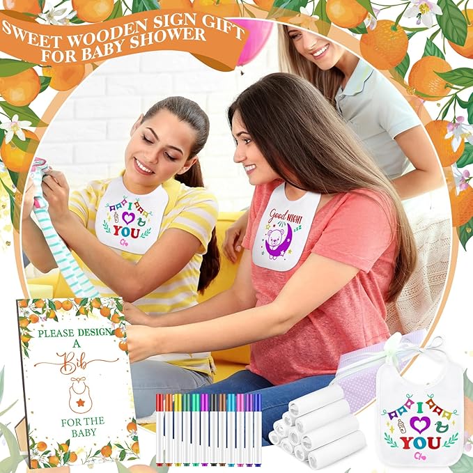 Panitay 100 Pcs DIY Baby Bibs Decorating Kit 50 White Bibs 25 Stencils 24 Markers 1 Baby Shower Game Sign
