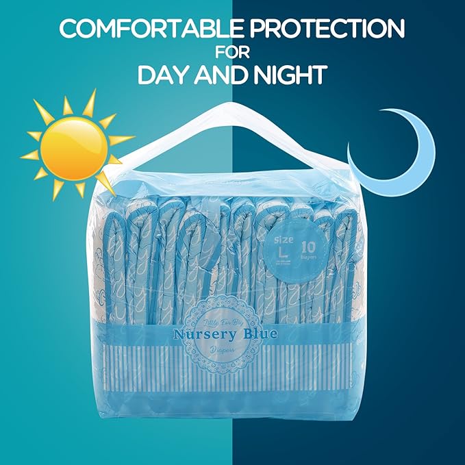 Littleforbig Adult Printed Diaper 80 Pieces (8 Packs) - Nursery Blue (Large 36"-46")