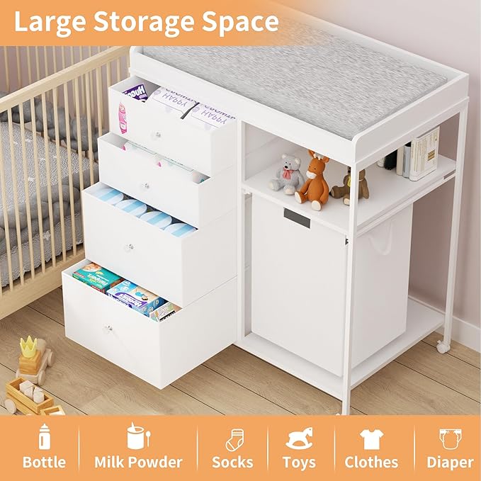 32.6" Baby Changing Station with 4 Drawers and 4 Wheels Diaper Changing Station with Changing Table Top Baby Classic Nursery Dresser with 1 Open Shelf and 1 Laundry Hamper for Newborn,White