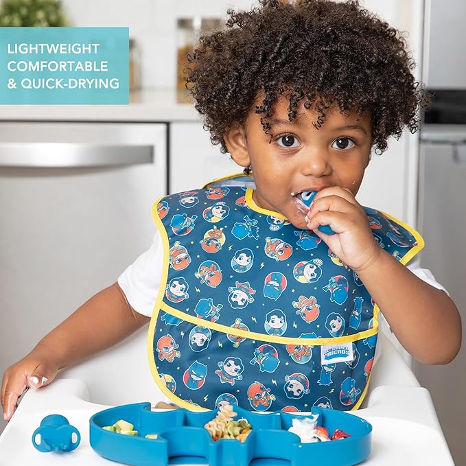 Bumkins Bibs for Girl or Boy, SuperBib Baby and Toddler 6-24 Months, Essential Must Have for Eating, Feeding, Baby Led Weaning Supplies, Mess Saving Catch Food, Fabric, 3-pk DC Comics Super Friends