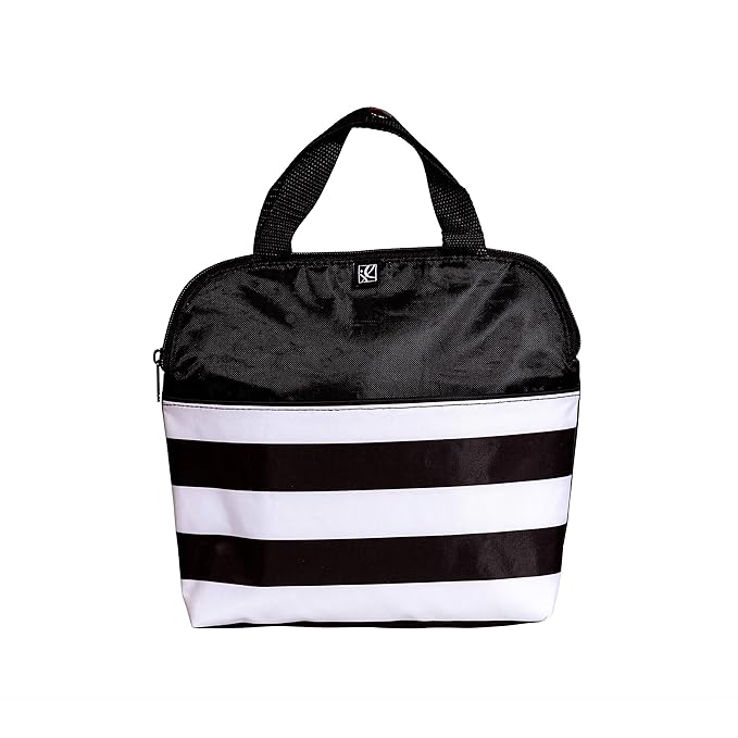 J.L. Childress MaxiCOOL Breast Milk Cooler Travel Bag- Insulated Baby Bottle Storage Bag, Portable Organizer Pack for Moms, Includes Ice Pack for Food & Breast Milk, Fits 4 Bottles- Black/White Stripe