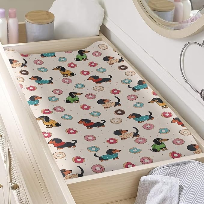 Changing Pad Covers for Boys Girls, Cartoon Dachshund Diaper Changing Table Pad Cover Soft Breathable Changing Mat Cover for 32''x16" Cute Birthday Gifts for Baby
