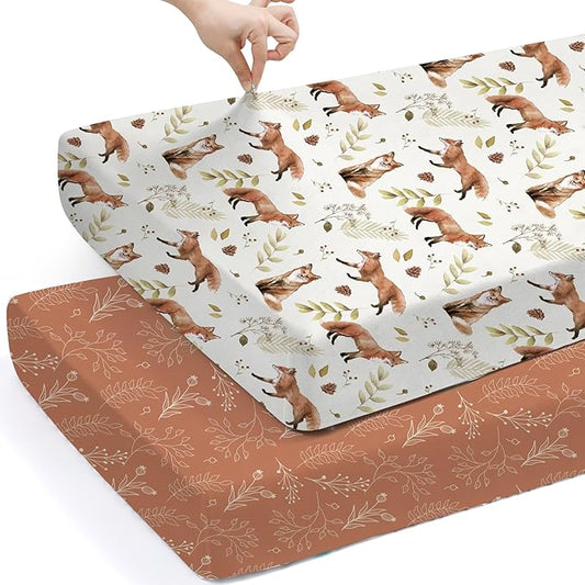 BROLEX Baby Fitted Crib Sheets: Kid Crib Sheets - Set of 2 for Toddler Standard Size Crib Mattress for Boys and Girls - Jersey Knit Crib Bed Sheets Fox&Foliage