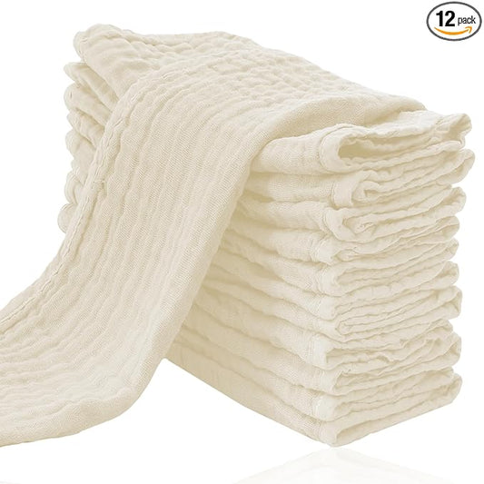 Cute Castle 12 Pack Muslin Burp Cloths for Baby - Ultra-Soft 100% Cotton Baby Washcloths - Large 20'' by 10'' Super Absorbent Milk Spit Up Rags - Burpy Cloths for Unisex, Boy, Girl - Ivory