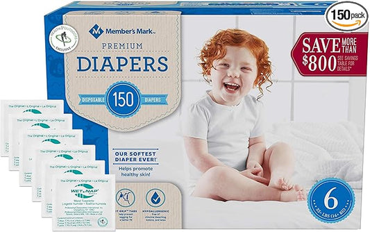 HAO M Mark Premium Baby Diapers - Size 6 (35+ lbs) 150 Count W/Moist Towelettes