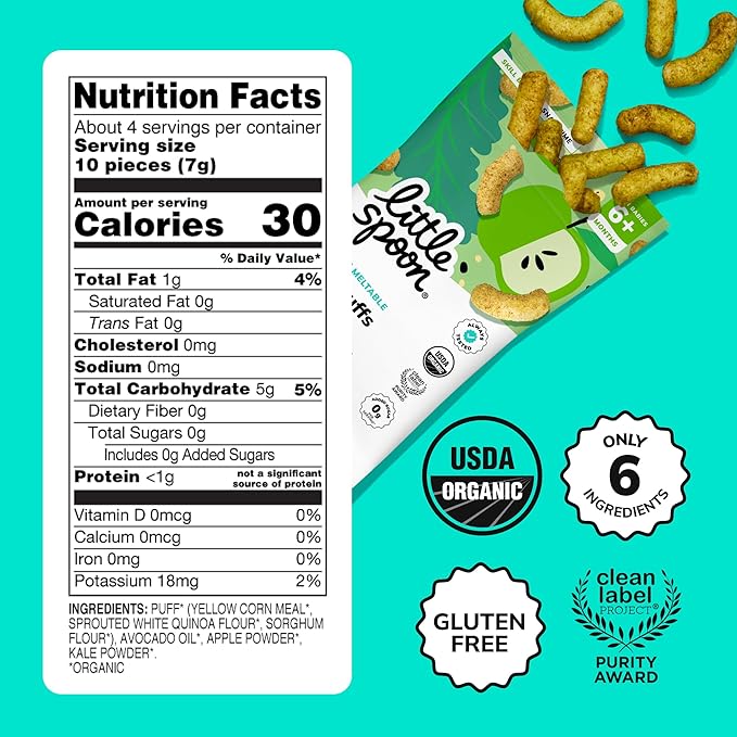 Little Spoon Kale Apple Meltable Baby Puffs, Organic Corn Quinoa Sorghum, No Rice, No Added Sugar Snacks, Encourages Self-Feeding, 1 Oz Bag, 4 Pack