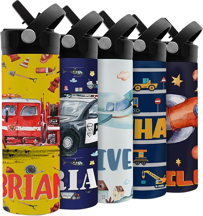 Personalized Kids Water Bottle with Straw Lid - 20 oz - 11 Wraparound Designs, Custom Water Bottle for Children, Back to School Gifts - BPA FREE, Double-Wall Insulated, Birthday Gifts - Fireman