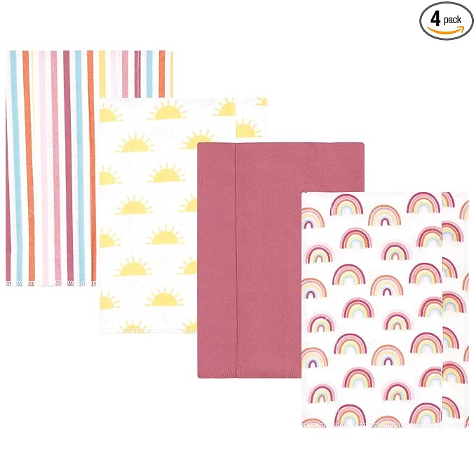 Hudson Baby Unisex Baby Cotton Flannel Burp Cloths 4-Pack, Sunshine and Rainbows, One Size