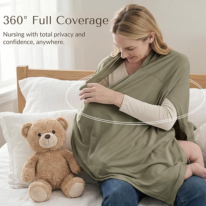 Konssy Nursing Cover for Breastfeeding, 360° Full Privacy Breathable Breastfeeding Cover, Multi-use Carseat Canopy(Army Green)
