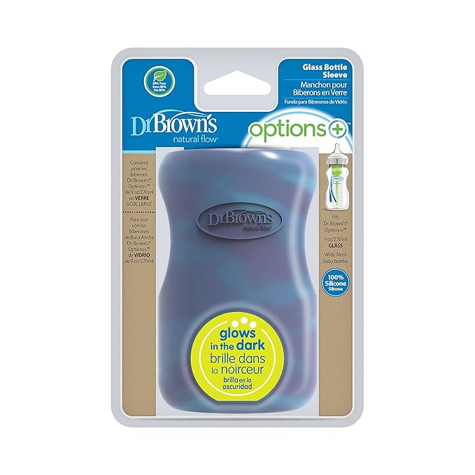 Dr. Brown's Options+ Wide-Neck Glass Bottle Sleeve, 100% Silicone, Glow-in-the-Dark, BPA-Free, 5 oz + 9 oz, 2-Pack