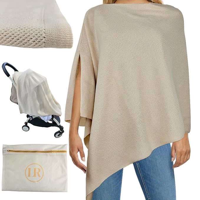 Little Rou Nursing Cover for Breastfeeding, Breathable Organic Cotton & Cashmere Poncho, Privacy Peekaboo Feature, Soft Breast Feeding Shawl for Women – Includes Laundry Bag (Beige)