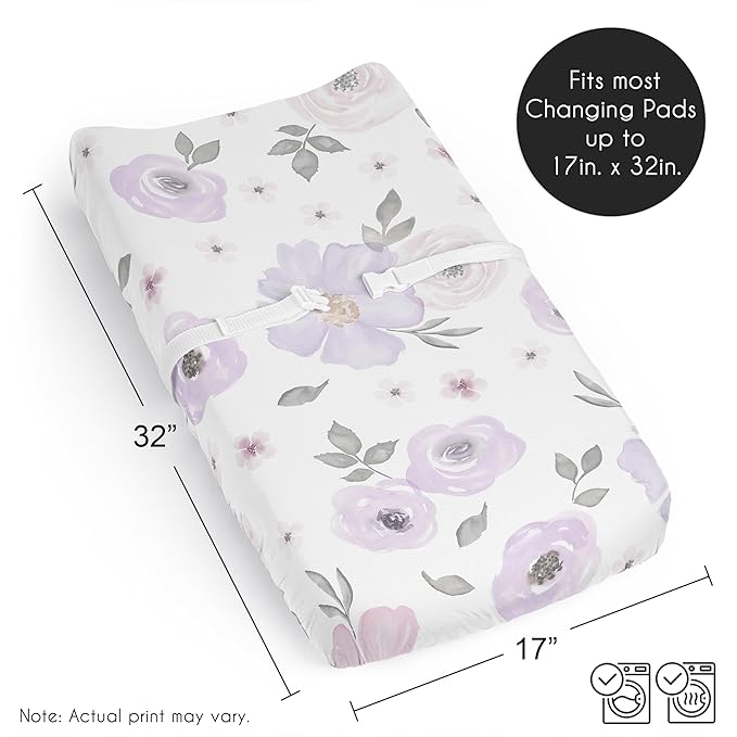 Sweet Jojo Designs Lavender Purple Boho Floral Girl Baby Changing Pad Cover Sheet Infant Newborn Diaper Change Mat Cover Pink Grey Bohemian Farmhouse Shabby Chic Rose Lily Watercolor Flower Elegant