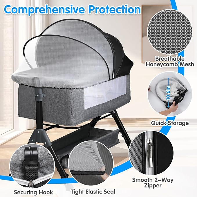 Bassinet Mosquito Net Cover - Half-Blackout Mosquito Net for Baby Crib & Bedside Sleeper, Breathable Crib net with 2-Way Zipper, Sun-Blocking Baby Mosquito Net Cover (Black-Small)