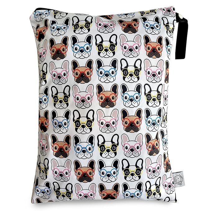 FLOCK THREE Washable and Reusable Wet Bag Diaper Bag Water Resistant Swimming Bag Travel Toiletries Pouch Pugs Dog Print Zippered 12.6'' x 16.5''