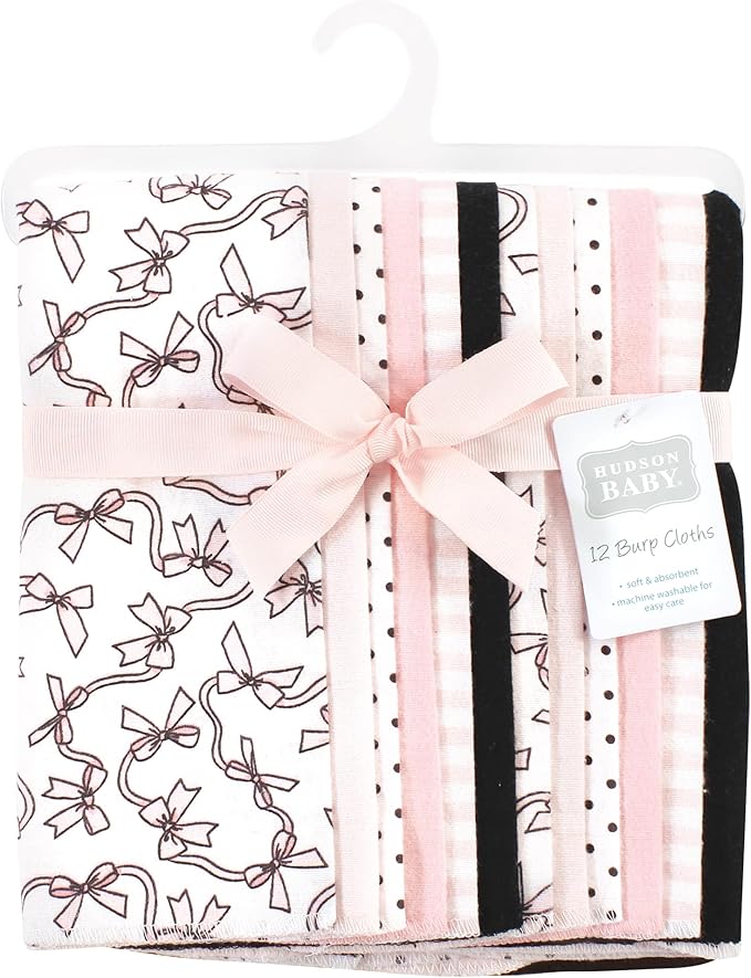 Hudson Baby Unisex Baby Cotton Flannel Burp Cloths Bundle, Pink Bows, One Size
