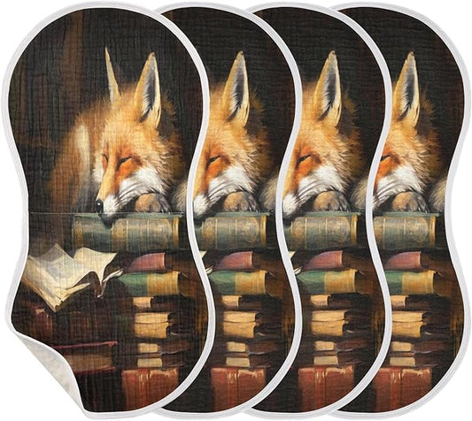 4 Pack Muslin Burp Cloths Fox Book Cartoon Print Cotton Baby Burp Cloths Absorbent Soft Burping Cloth Washcloths for Newborn Babies 22x11 Inch