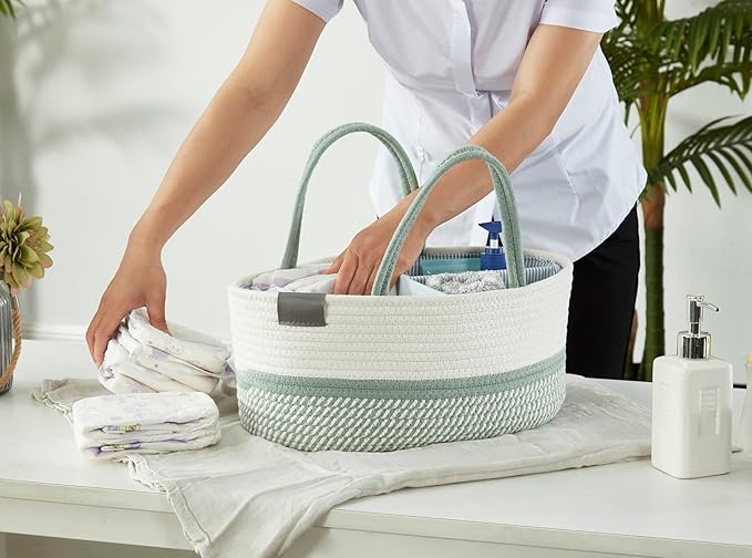 DECOMOMO XL Baby Caddy Organizer, Mother's Day Diaper Caddy Basket, Baskets for Baby Shower Gifts (Sage Green & White, Extra Large)
