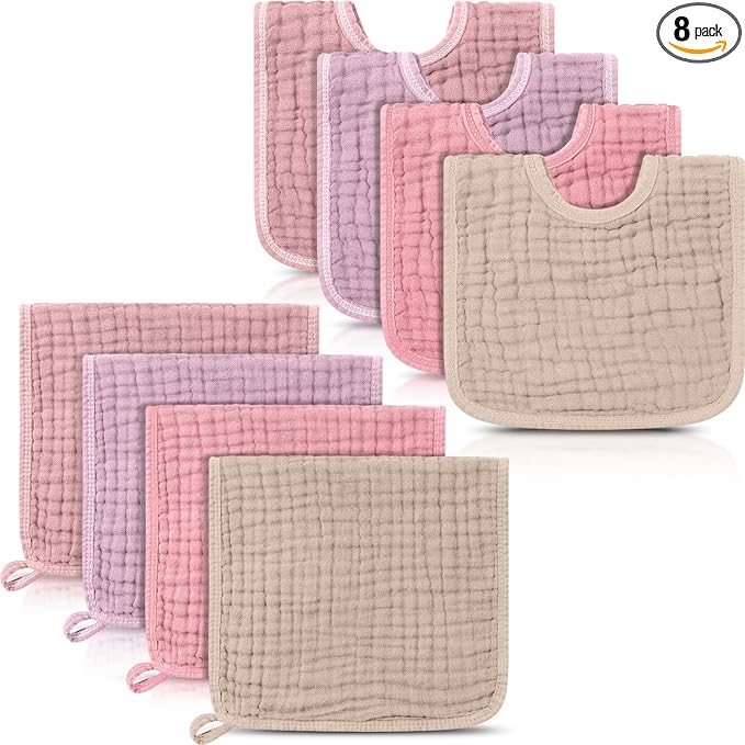 Tallew 8 Pack Muslin Burp Cloths and Baby Bibs for Boy Girl 20" x 10" Cotton Baby Bandana Drool Bibs Muslin Burp Cloths Absorbent Rag for Newborn Toddler Infant Gifts(Pink Series)
