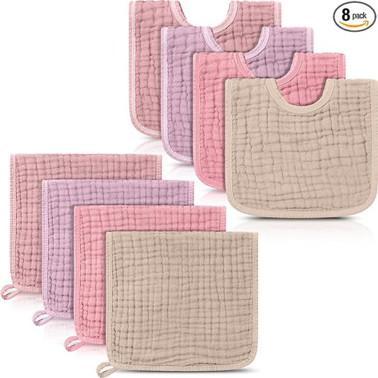 Tallew 8 Pack Muslin Burp Cloths and Baby Bibs for Boy Girl 20" x 10" Cotton Baby Bandana Drool Bibs Muslin Burp Cloths Absorbent Rag for Newborn Toddler Infant Gifts(Pink Series)