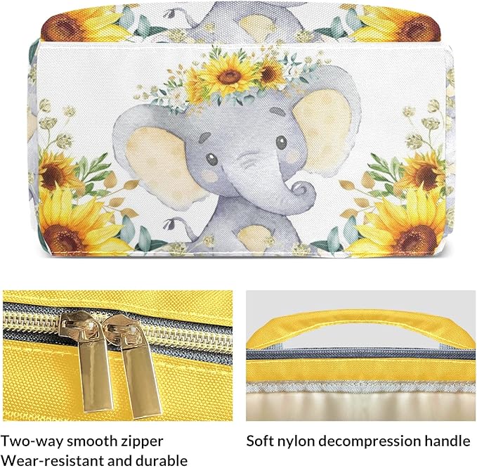 Cute Elephant Sunflowers Cute Diaper Bag Baby Nappy Bag Daughter Multi-Function Custom Baby Bag Picnic Diaper Carrying Bag Unisex Gifts with Name