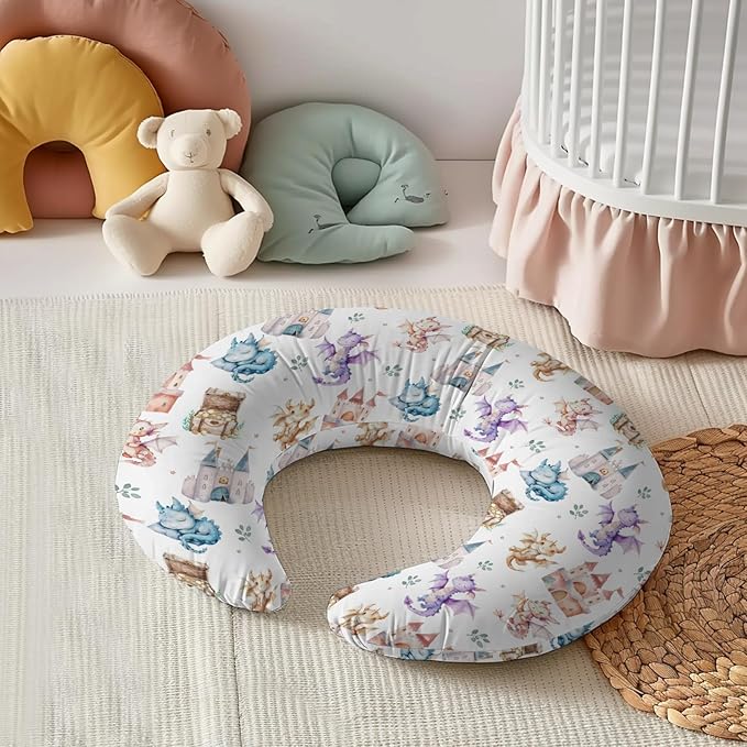 Cartoon Cute Dragon Castle Stars Leaves Pattern Nursing Pillow Cover, Unisex Removable Breastfeeding Pillowcase Slipcover for Baby Girls Boys Newborns Toddlers, Cover Only