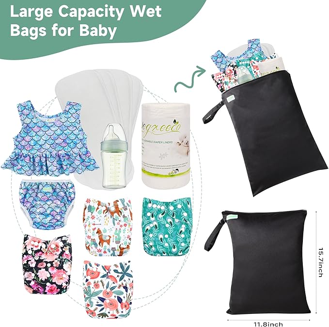 wegreeco Wet Dry Bag for Baby Swimsuit, Small Wet Dry Bag for Clothes Diaper and Breast Pump Parts, Large Baby bag for Travel,Gym Clothes,Beach,Pool,Extra Clothes (Black,3 Pack)