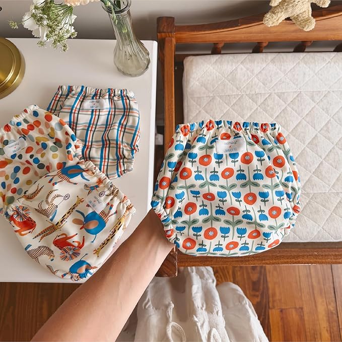 Esembly Cloth Diaper Cover - Reusable Swim Diaper, Waterproof, Breathable - Adjustable Outer Layer Over Absorbent Inner for Blowout Protection - Poppies, Size 2 (18-35lbs)