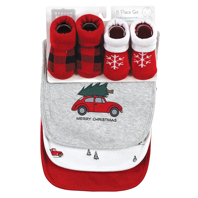 Hudson Baby Unisex Baby Cotton Bib and Sock Set, Christmas Scene, One Size