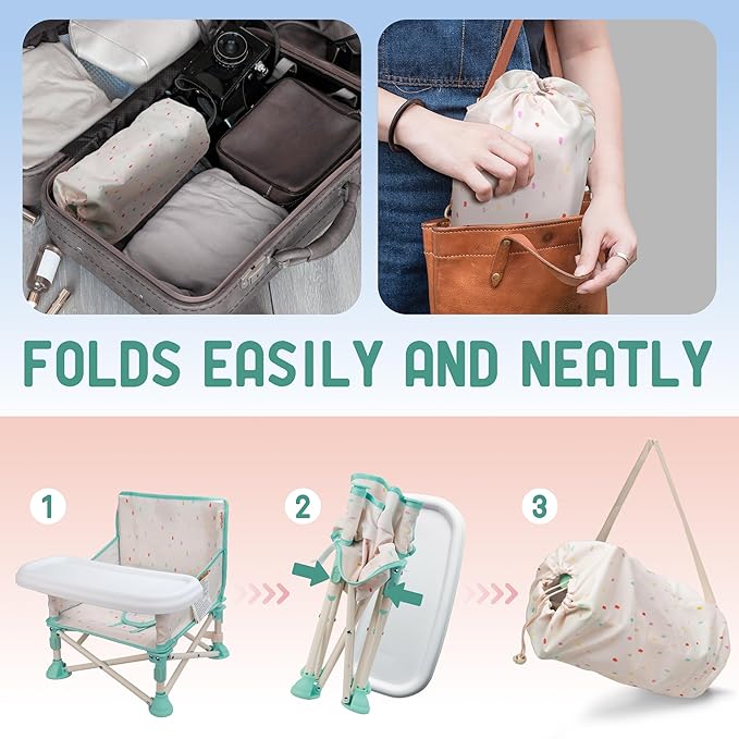 Tiny Marvels 3-in-1 Portable Baby Chair, Foldable Booster Seat with Removable Tray, Safety Harness & Carry Bag for Dining, Travel, Camping, Beach, 6M-3Y (Cream Confetti)