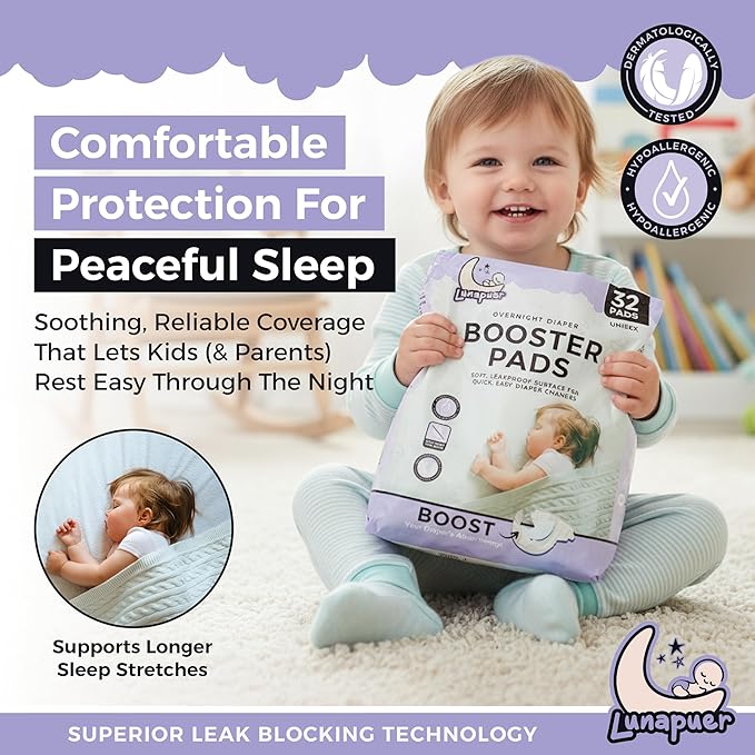Diaper Booster Pads Overnight – Adhesive Diaper Inserts for Boys & Girls – Overnight Liners for Sizes 4–6 – Stops Leaks, Reduces Rash – Booster Pads Baby (2 Packs)