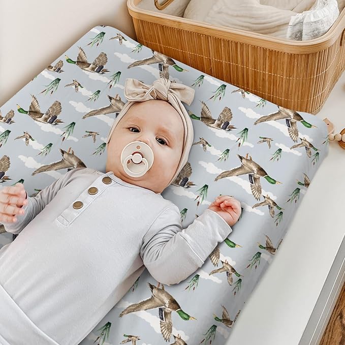 HawSkgFub Duck Hunting Mallard Hunter Changing Pad Cover for Baby Boys, Wild Animal Bird Reeds Blue Diaper Change Table Covers, Soft Stretchy Safe Snug Fitted Changing Mat Sheets Fit 32"/34" x 16"