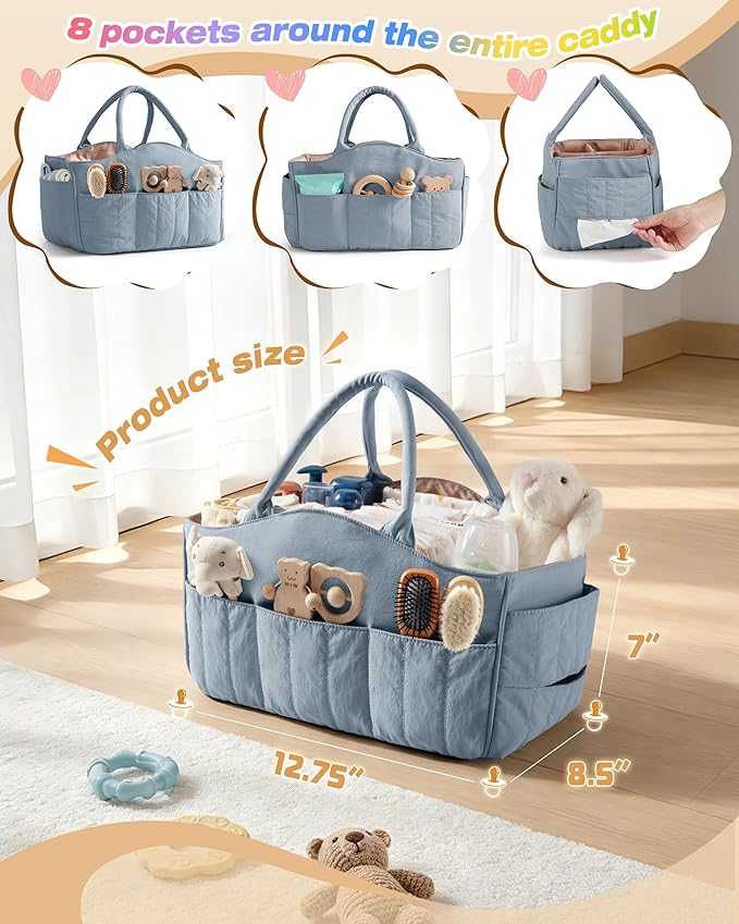 Marscamd Quilted Baby Diaper Caddy with Detachable Dividers and Wipes Pocket, Lightweight Baby Caddy Organizer with Handles and 8 Pockets for Baby Stuff, Dusty Blue