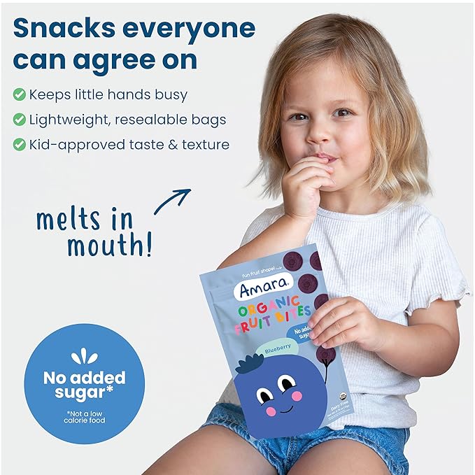 Amara Organic Fruit Bites Blueberry - No Artificial Colors/Dyes, No Added Sugar, Dairy-Free Fruit Snacks, Made with Organic Whole Foods, Healthy Fruit Snacks for Kids - 6 Pack