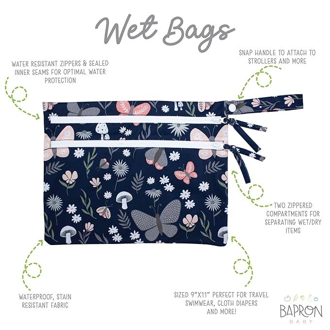 BapronBaby Butterfly Garden Wet Dry Bag - Waterproof Two Zipper Pocket - Reusable for Mealtime, Diapers, Stroller, Snacks, Swimsuits - Machine Washable - 11" x 9"
