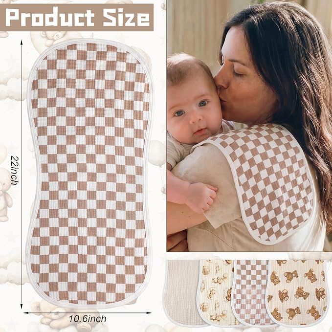 Hahafelt 4 Pcs Bear Baby Burp Cloths 100% Cotton Absorbent & Soft Burping Cloth Newborn Towel 2-in-1 Large Size Baby Spit up Burping Rags Set for Boys and Girls Infant Newborn
