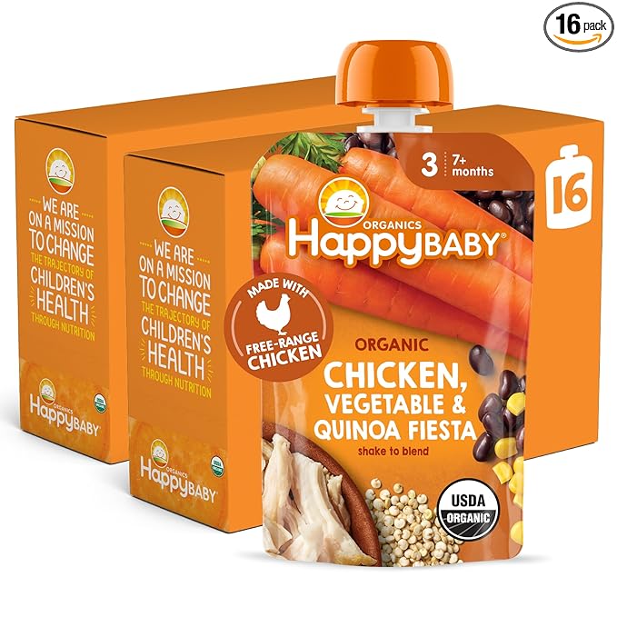 Happy Baby Organics Savory Blends Stage 3 Baby Food Puree, Free Range Chicken, Garden Vegetables & Quinoa Fiesta, 3.5 Ounce (Pack of 16)