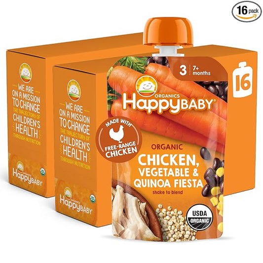 Happy Baby Organics Savory Blends Stage 3 Baby Food Puree, Free Range Chicken, Garden Vegetables & Quinoa Fiesta, 3.5 Ounce (Pack of 16)