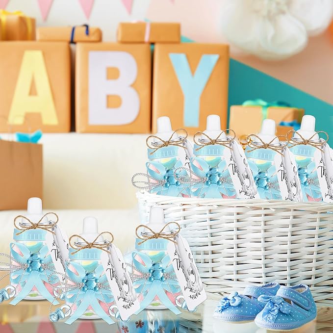 Sunnyray 150 Pcs Baby Shower Party Gift Bottles Games 50 Mini Milk Baby Bottles 50 Footprint Bottle Openers 50 Thank You Tag for Girl Boy Baby Shower Party Guest Return Gifts(Blue, Silver)