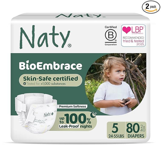 Naty BioEmbrace Baby Diapers | Sensitive Skin Safe Certified | Leak Protection up to 100% | Plant-Based Softness, Premium Comfort | Chlorine-Free | Size 5 (24–55 lbs), 80 Count