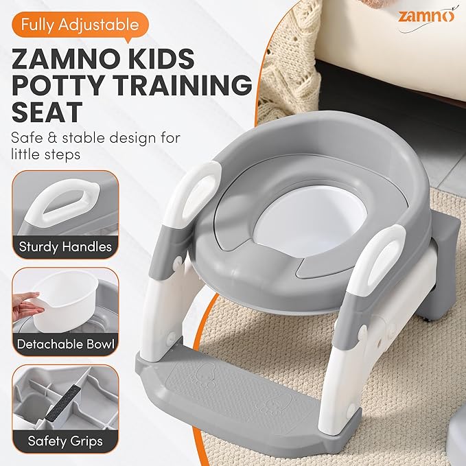 Upgraded Potty Training Seat with Step Stool Ladder – 6-in-1 Foldable Toddler Toilet Seat with Adjustable Height, Anti-Slip Steps & Detachable Bowl for Boys & Girls Ages 1-7 (Gray & White)